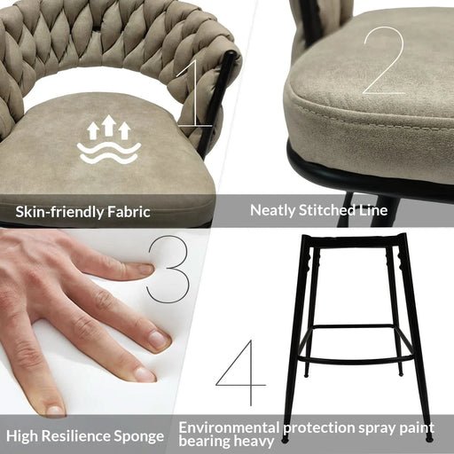 Technical Leather Woven Bar Stool Set of 2, 360 Swivel Bar Stools with Back and Footrest, Light Brown Default -DTYStore