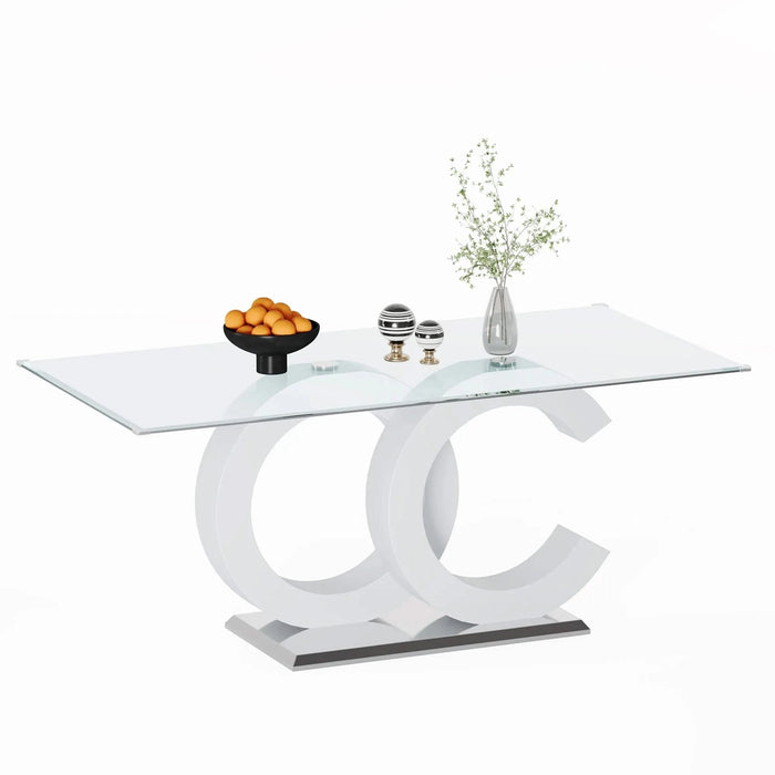 Tempered Glass Dining Table with White MDF Middle Support and Stainless Steel Base for Modern Design Default -DTYStore
