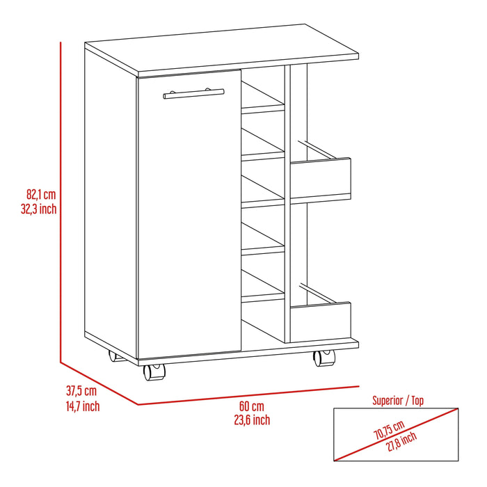 Tennessee Bar Cart, One Cabinet With Division, Six Cubbies For Liquor, Two Shelves Default -DTYStore