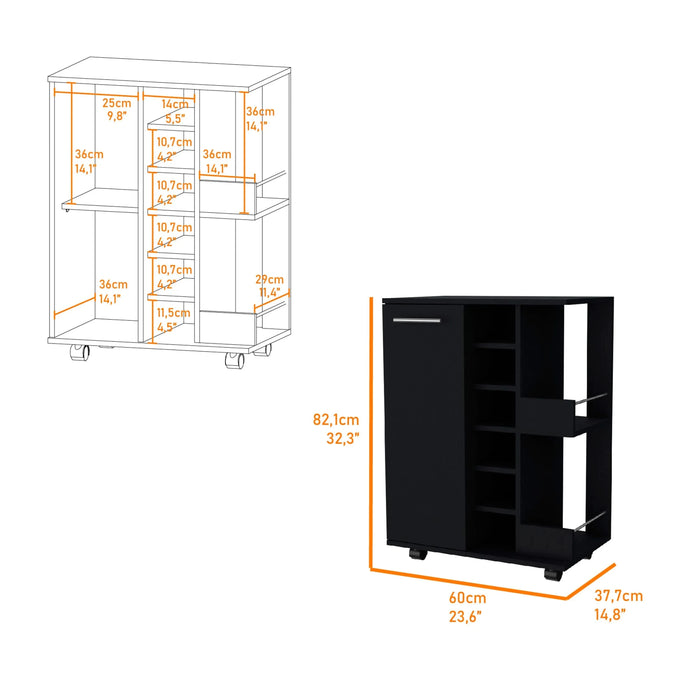 Tennessee Bar Cart, One Cabinet With Division, Six Cubbies For liquor, Two Shelves Default -DTYStore