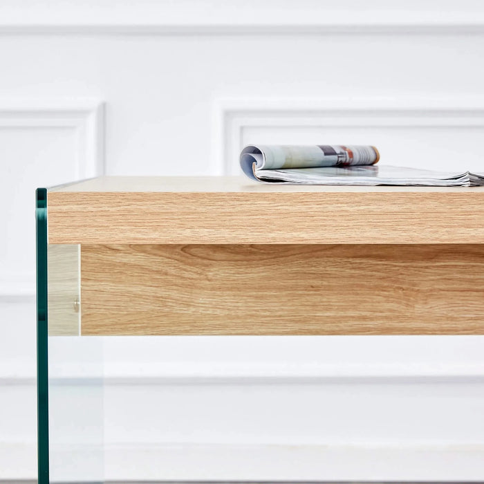 The top of the coffee table is made of medium density fiberboard and wooden stickers, with transparent tempered glass on both sides. The design is simple and elegant, with a sturdy structure. Default -DTYStore