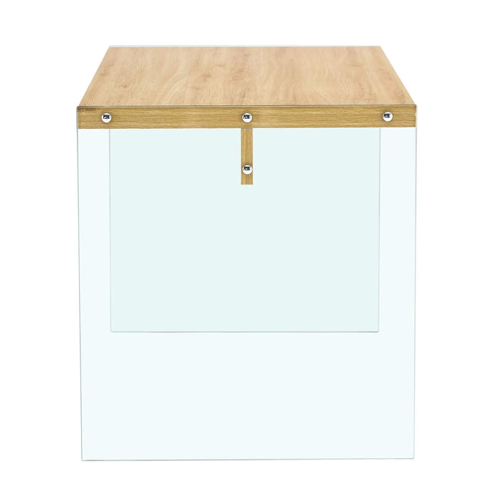 The top of the coffee table is made of medium density fiberboard and wooden stickers, with transparent tempered glass on both sides. The design is simple and elegant, with a sturdy structure. Default -DTYStore