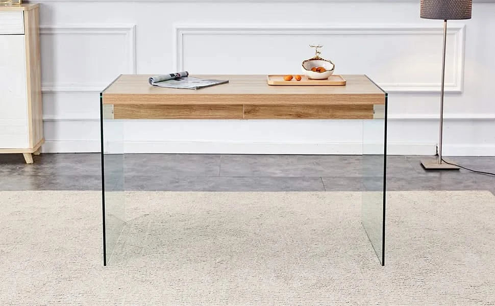 The top of the coffee table is made of medium density fiberboard and wooden stickers, with transparent tempered glass on both sides. The design is simple and elegant, with a sturdy structure. Default -DTYStore