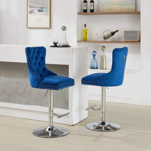 Thick Chrome Swivel Velvet Barstools,Adjustable 25-33'Height,Modern Upholstered with17.7' Base,Tufted Buttons&Diamond Pleating,Sponge&Spring Seat,for Home Pub&Kitchen Island(Blue, Set of 2) Default -DTYStore