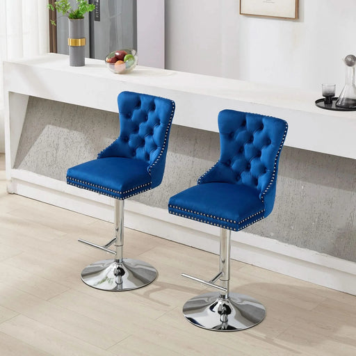 Thick Chrome Swivel Velvet Barstools,Adjustable 25-33'Height,Modern Upholstered with17.7' Base,Tufted Buttons&Diamond Pleating,Sponge&Spring Seat,for Home Pub&Kitchen Island(Blue, Set of 2) Default -DTYStore