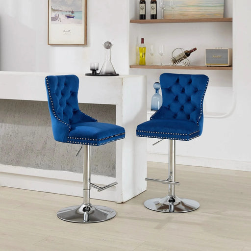 Thick Chrome Swivel Velvet Barstools,Adjustable 25-33'Height,Modern Upholstered with17.7' Base,Tufted Buttons&Diamond Pleating,Sponge&Spring Seat,for Home Pub&Kitchen Island(Blue, Set of 2) Default -DTYStore