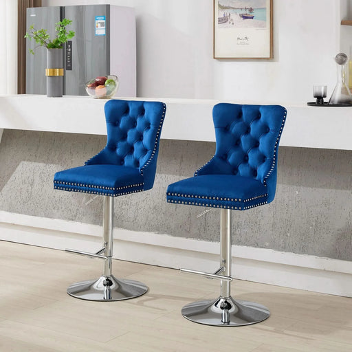 Thick Chrome Swivel Velvet Barstools,Adjustable 25-33'Height,Modern Upholstered with17.7' Base,Tufted Buttons&Diamond Pleating,Sponge&Spring Seat,for Home Pub&Kitchen Island(Blue, Set of 2) Default -DTYStore