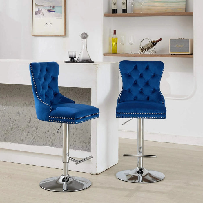 Thick Chrome Swivel Velvet Barstools,Adjustable 25-33'Height,Modern Upholstered with17.7' Base,Tufted Buttons&Diamond Pleating,Sponge&Spring Seat,for Home Pub&Kitchen Island(Blue, Set of 2) Default -DTYStore