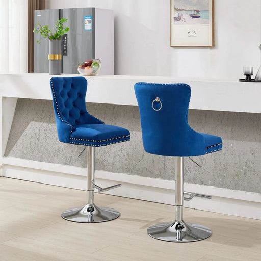 Thick Chrome Swivel Velvet Barstools,Adjustable 25-33'Height,Modern Upholstered with17.7' Base,Tufted Buttons&Diamond Pleating,Sponge&Spring Seat,for Home Pub&Kitchen Island(Blue, Set of 2) Default -DTYStore