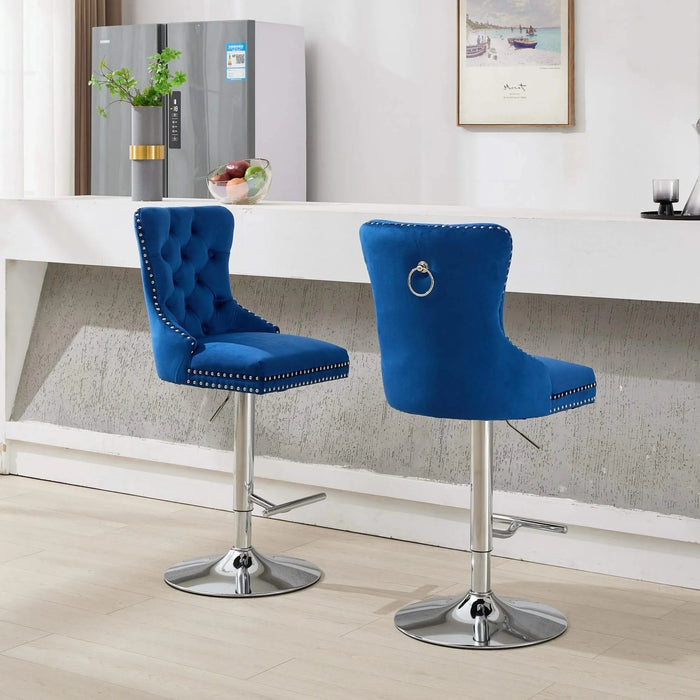 Thick Chrome Swivel Velvet Barstools,Adjustable 25-33'Height,Modern Upholstered with17.7' Base,Tufted Buttons&Diamond Pleating,Sponge&Spring Seat,for Home Pub&Kitchen Island(Blue, Set of 2) Default -DTYStore