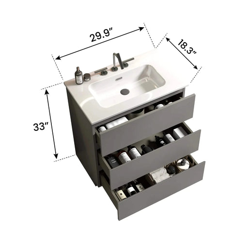 Tia 30' Gray Bathroom Vanity with Sink with 3 Faucet Holes, Large Storage Freestanding Bathroom Vanity for Modern Bathroom, One-Piece White Sink Basin without Drain and Faucet, Pre-assembledT Default -DTYStore