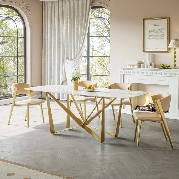 Titanium Gold Stainless Steel Dining Table with Polished Snow Mountain Stone Surface - Supports up to 91.5 kg Default -DTYStore