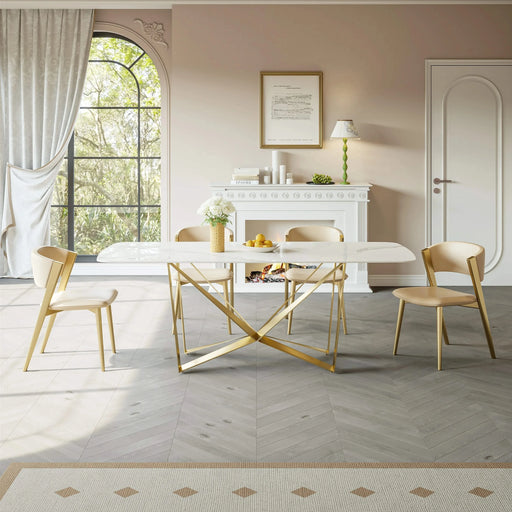 Titanium Gold Stainless Steel Dining Table with Polished Snow Mountain Stone Surface - Supports up to 91.5 kg Default -DTYStore