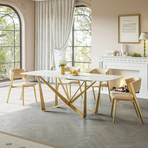 Titanium Gold Stainless Steel Dining Table with Polished Snow Mountain Stone Surface - Supports up to 94.5 kg (Excluding chairs) Default -DTYStore