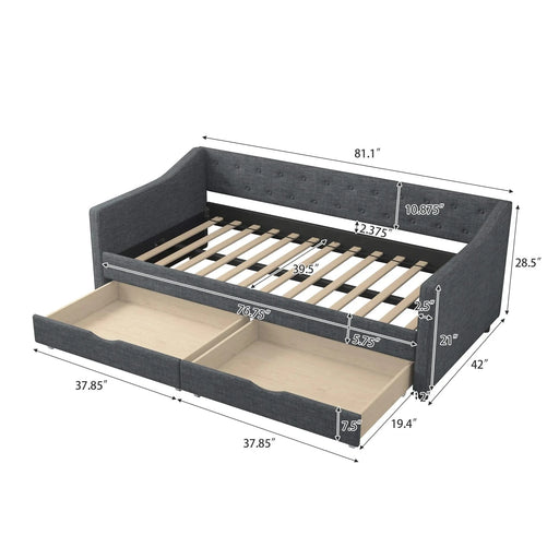 Twin Size Daybed with Drawers Upholstered Tufted Sofa Bed, with Button on Back and Piping on Waved Shape Arms-Dark Grey Default -DTYStore