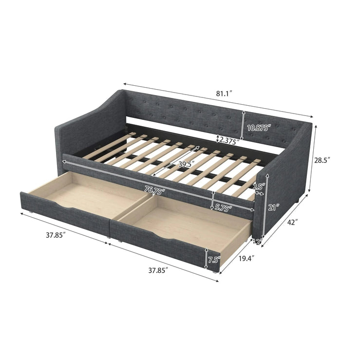 Twin Size Daybed with Drawers Upholstered Tufted Sofa Bed, with Button on Back and Piping on Waved Shape Arms-Dark Grey Default -DTYStore