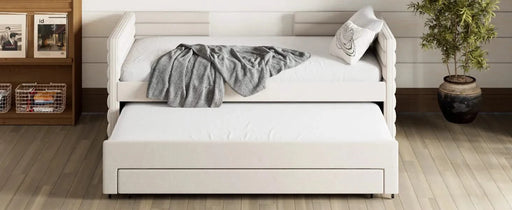 Twin Size Upholstered Daybed with Trundle and 3 Storage Drawers, Short-haired Linen Fabric Sofa Bed for Guest Room, Living Room, Space-Saving Modern Day Bed Frame, No Box Spring Needed, Beige Default -DTYStore