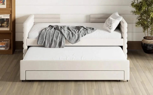 Twin Size Upholstered Daybed with Trundle and 3 Storage Drawers, Short-haired Linen Fabric Sofa Bed for Guest Room, Living Room, Space-Saving Modern Day Bed Frame, No Box Spring Needed, Beige Default -DTYStore