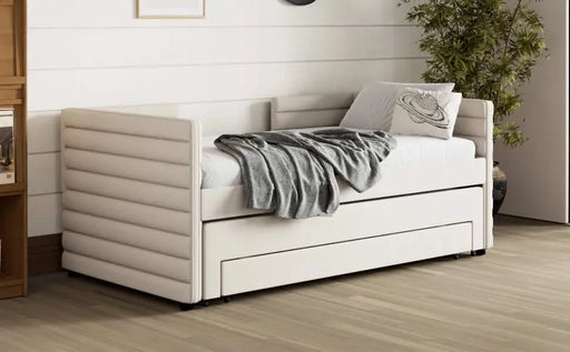 Twin Size Upholstered Daybed with Trundle and 3 Storage Drawers, Short-haired Linen Fabric Sofa Bed for Guest Room, Living Room, Space-Saving Modern Day Bed Frame, No Box Spring Needed, Beige Default -DTYStore