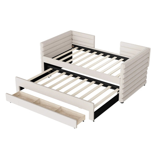 Twin Size Upholstered Daybed with Trundle and 3 Storage Drawers, Short-haired Linen Fabric Sofa Bed for Guest Room, Living Room, Space-Saving Modern Day Bed Frame, No Box Spring Needed, Beige Default -DTYStore