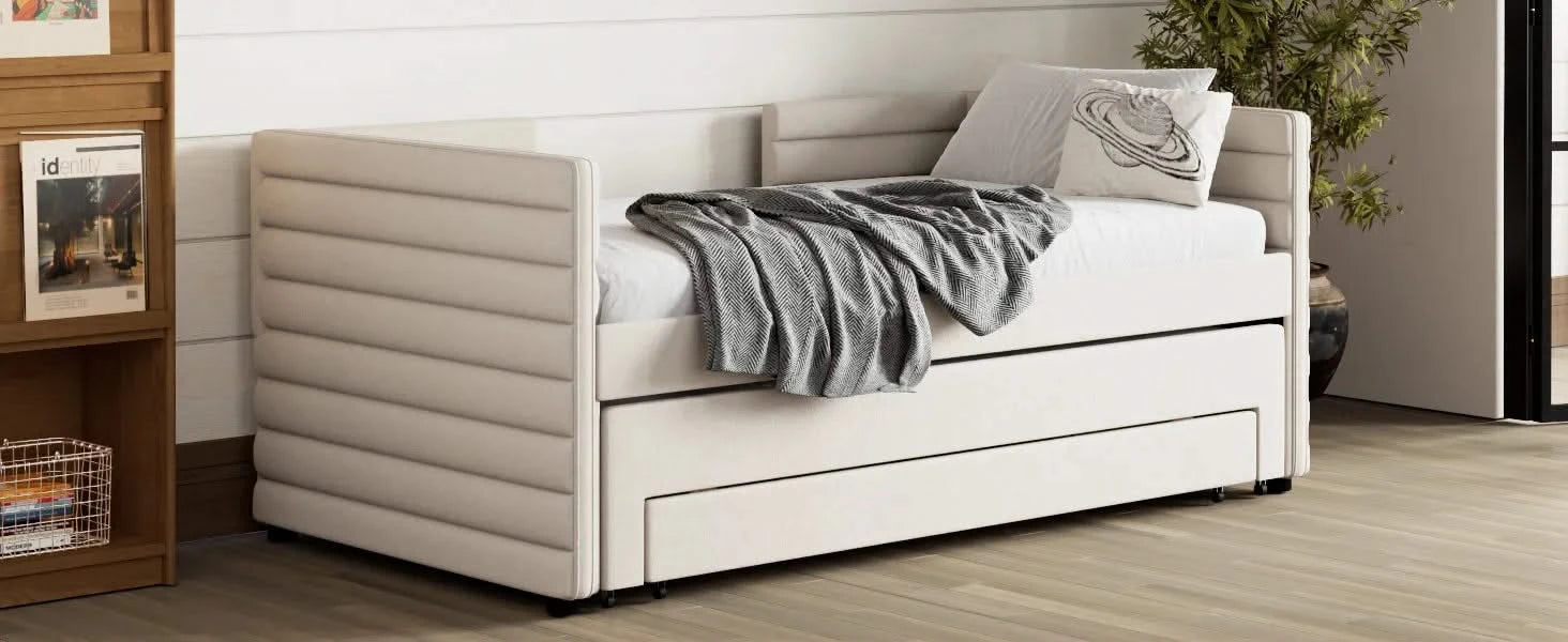 Twin Size Upholstered Daybed with Trundle and 3 Storage Drawers, Short-haired Linen Fabric Sofa Bed for Guest Room, Living Room, Space-Saving Modern Day Bed Frame, No Box Spring Needed, Beige Default -DTYStore