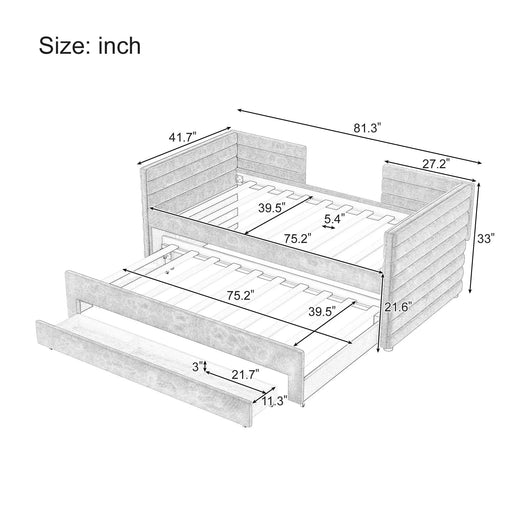 Twin Size Upholstered Daybed with Trundle and 3 Storage Drawers, Short-haired Linen Fabric Sofa Bed for Guest Room, Living Room, Space-Saving Modern Day Bed Frame, No Box Spring Needed, Beige Default -DTYStore
