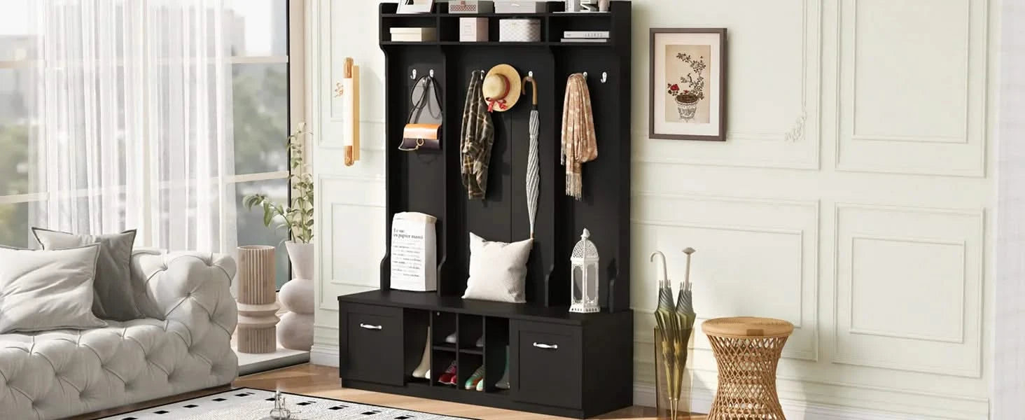 U-Can 5-in-1 Entryway Bench with Coat Rack, 7 Sturdy Hooks, 2 Spacious Drawers and Adjustable Shelves, 58.8'' Wide Hall Tree with Metal Handles for Hallway, Entryway, Living Room Default -DTYStore