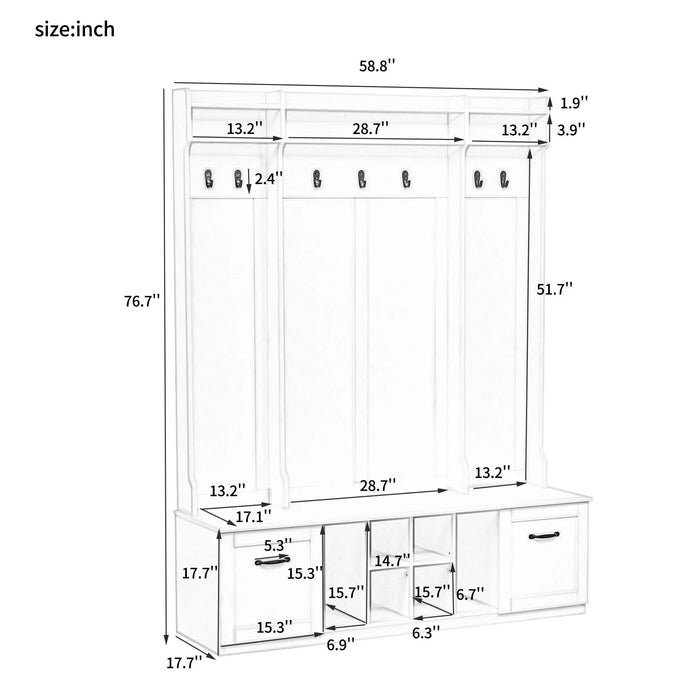 U-Can 5-in-1 Entryway Bench with Coat Rack, 7 Sturdy Hooks, 2 Spacious Drawers and Adjustable Shelves, 58.8'' Wide Hall Tree with Metal Handles for Hallway, Entryway, Living Room Default -DTYStore