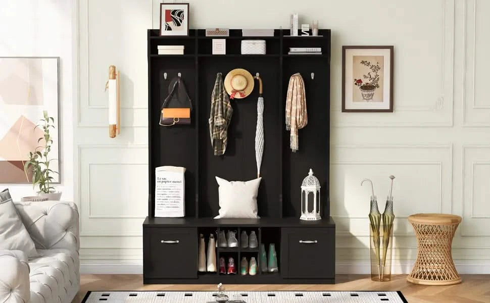 U-Can 5-in-1 Entryway Bench with Coat Rack, 7 Sturdy Hooks, 2 Spacious Drawers and Adjustable Shelves, 58.8'' Wide Hall Tree with Metal Handles for Hallway, Entryway, Living Room Default -DTYStore