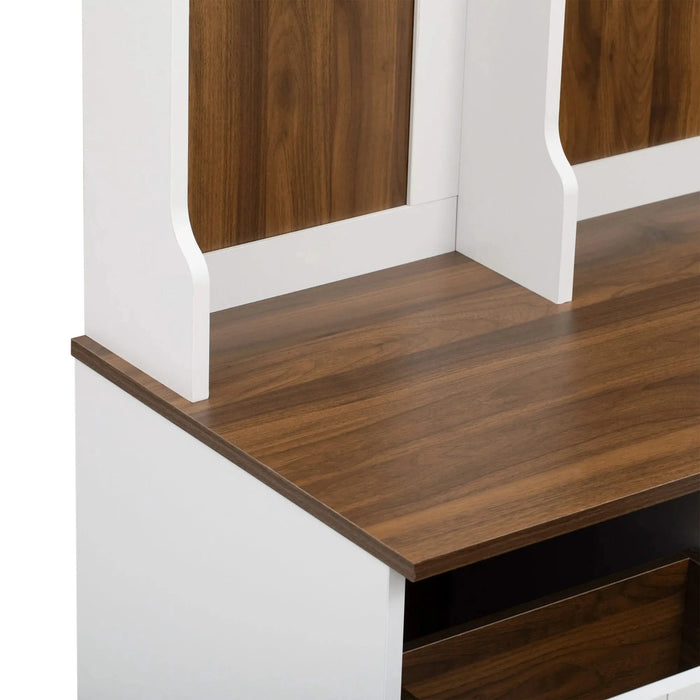 U-Can 5-in-1 Entryway Bench with Coat Rack, 7 Sturdy Hooks, 2 Spacious Drawers and Adjustable Shelves, 58.8'' Wide Hall Tree with Metal Handles for Hallway, Entryway, Living Room Default -DTYStore