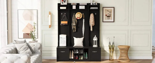 U-Can 5-in-1 Entryway Bench with Coat Rack, 7 Sturdy Hooks, 2 Spacious Drawers and Adjustable Shelves, 58.8'' Wide Hall Tree with Metal Handles for Hallway, Entryway, Living Room Default -DTYStore