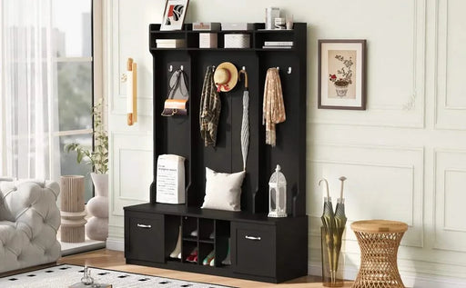 U-Can 5-in-1 Entryway Bench with Coat Rack, 7 Sturdy Hooks, 2 Spacious Drawers and Adjustable Shelves, 58.8'' Wide Hall Tree with Metal Handles for Hallway, Entryway, Living Room Default -DTYStore