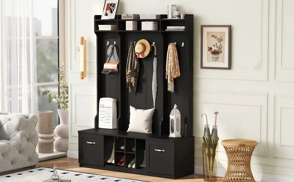 U-Can 5-in-1 Entryway Bench with Coat Rack, 7 Sturdy Hooks, 2 Spacious Drawers and Adjustable Shelves, 58.8'' Wide Hall Tree with Metal Handles for Hallway, Entryway, Living Room Default -DTYStore