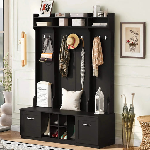 U-Can 5-in-1 Entryway Bench with Coat Rack, 7 Sturdy Hooks, 2 Spacious Drawers and Adjustable Shelves, 58.8'' Wide Hall Tree with Metal Handles for Hallway, Entryway, Living Room Default -DTYStore