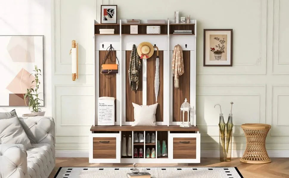 U-Can 5-in-1 Entryway Bench with Coat Rack, 7 Sturdy Hooks, 2 Spacious Drawers and Adjustable Shelves, 58.8'' Wide Hall Tree with Metal Handles for Hallway, Entryway, Living Room Default -DTYStore