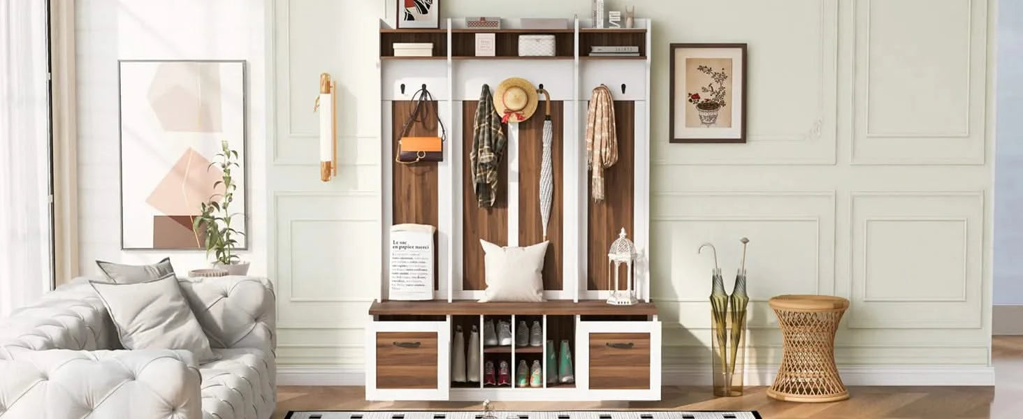 U-Can 5-in-1 Entryway Bench with Coat Rack, 7 Sturdy Hooks, 2 Spacious Drawers and Adjustable Shelves, 58.8'' Wide Hall Tree with Metal Handles for Hallway, Entryway, Living Room Default -DTYStore