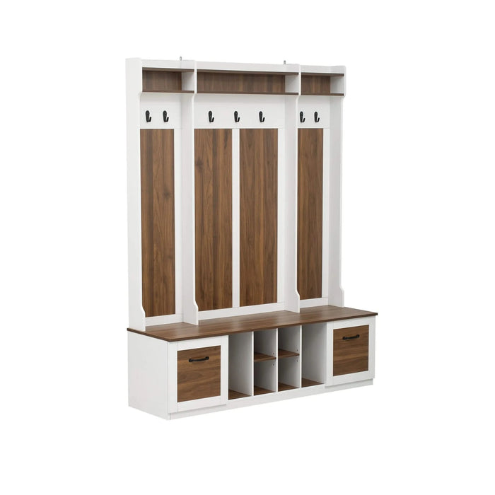 U-Can 5-in-1 Entryway Bench with Coat Rack, 7 Sturdy Hooks, 2 Spacious Drawers and Adjustable Shelves, 58.8'' Wide Hall Tree with Metal Handles for Hallway, Entryway, Living Room Default -DTYStore