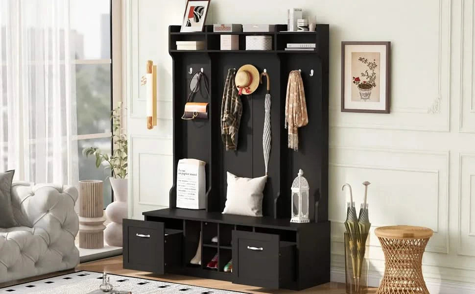 U-Can 5-in-1 Entryway Bench with Coat Rack, 7 Sturdy Hooks, 2 Spacious Drawers and Adjustable Shelves, 58.8'' Wide Hall Tree with Metal Handles for Hallway, Entryway, Living Room Default -DTYStore