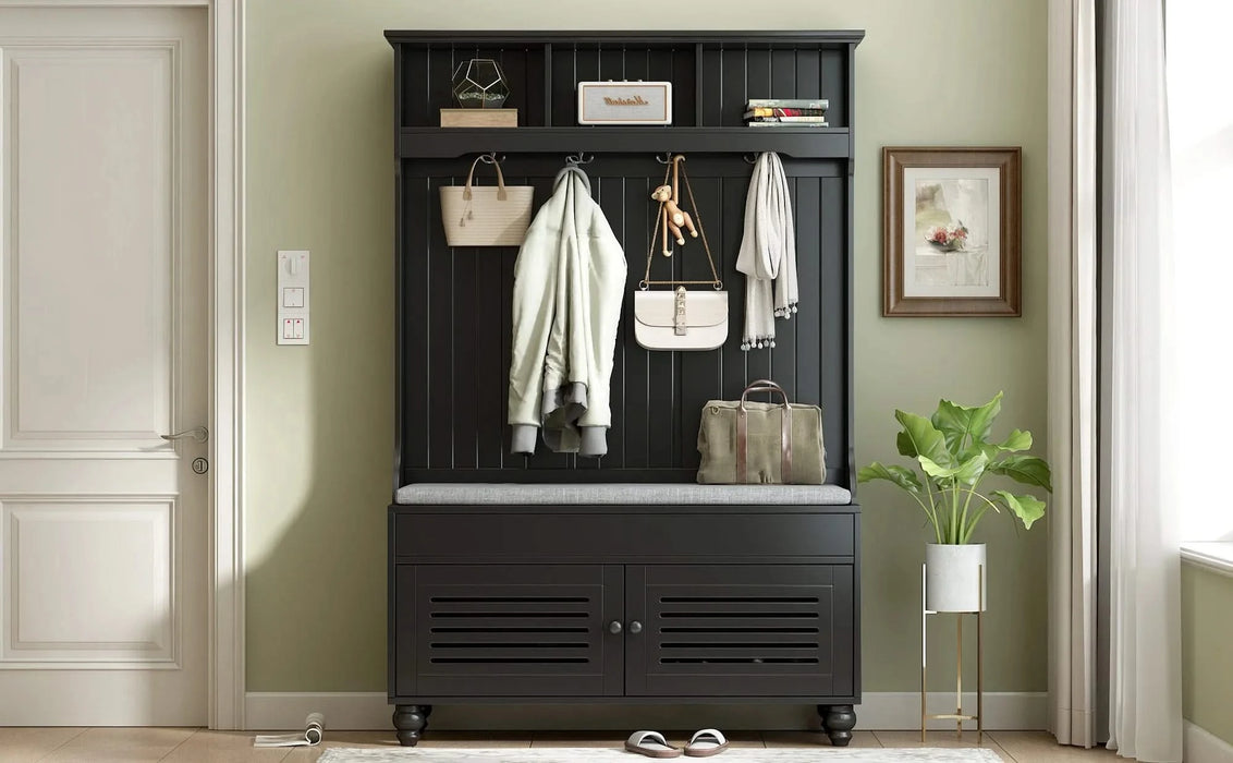 U-Can 5-in-1 Entryway Bench with Shutter-shaped doors, Coat Rack, Cushion and 4 Sturdy Hooks, 47.2'' Wide Hall Tree with Storage Bench for Hallway, Entryway, Living Room Default -DTYStore