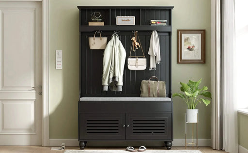 U-Can 5-in-1 Entryway Bench with Shutter-shaped doors, Coat Rack, Cushion and 4 Sturdy Hooks, 47.2'' Wide Hall Tree with Storage Bench for Hallway, Entryway, Living Room Default -DTYStore