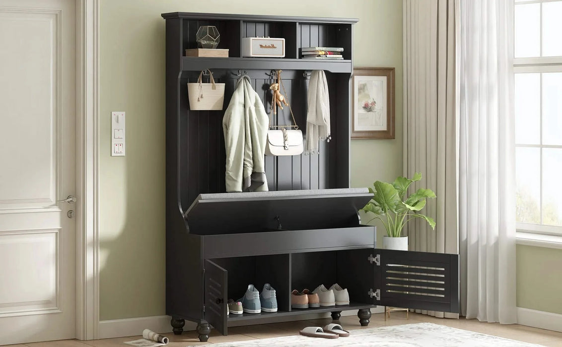 U-Can 5-in-1 Entryway Bench with Shutter-shaped doors, Coat Rack, Cushion and 4 Sturdy Hooks, 47.2'' Wide Hall Tree with Storage Bench for Hallway, Entryway, Living Room Default -DTYStore