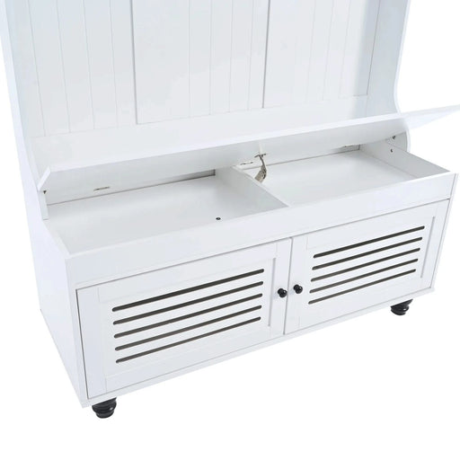 U-Can 5-in-1 Entryway Bench with Shutter-shaped doors, Coat Rack, Cushion and 4 Sturdy Hooks, 47.2'' Wide Hall Tree with Storage Bench for Hallway, Entryway, Living Room Default -DTYStore