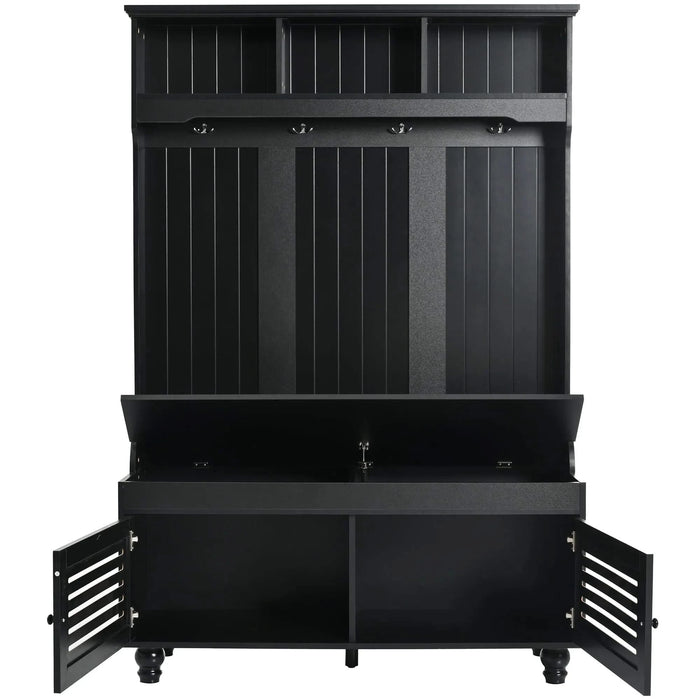 U-Can 5-in-1 Entryway Bench with Shutter-shaped doors, Coat Rack, Cushion and 4 Sturdy Hooks, 47.2'' Wide Hall Tree with Storage Bench for Hallway, Entryway, Living Room Default -DTYStore