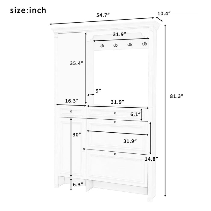 U-Can 54.7'' Hall Tree with Integrated Shoe Cabinet and Mirrored Cabinet Door, Coat Hanger, Entryway Bench, 4-in-1 Design, 2 Flip Drawers, 4 Hooks and 2 Cabinets for Entrance,Living Room Default -DTYStore