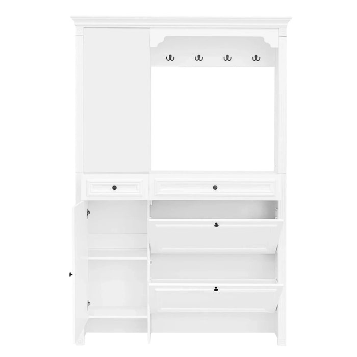 U-Can 54.7'' Hall Tree with Integrated Shoe Cabinet and Mirrored Cabinet Door, Coat Hanger, Entryway Bench, 4-in-1 Design, 2 Flip Drawers, 4 Hooks and 2 Cabinets for Entrance,Living Room Default -DTYStore