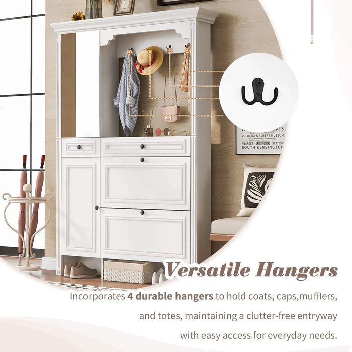 U-Can 54.7'' Hall Tree with Integrated Shoe Cabinet and Mirrored Cabinet Door, Coat Hanger, Entryway Bench, 4-in-1 Design, 2 Flip Drawers, 4 Hooks and 2 Cabinets for Entrance,Living Room Default -DTYStore