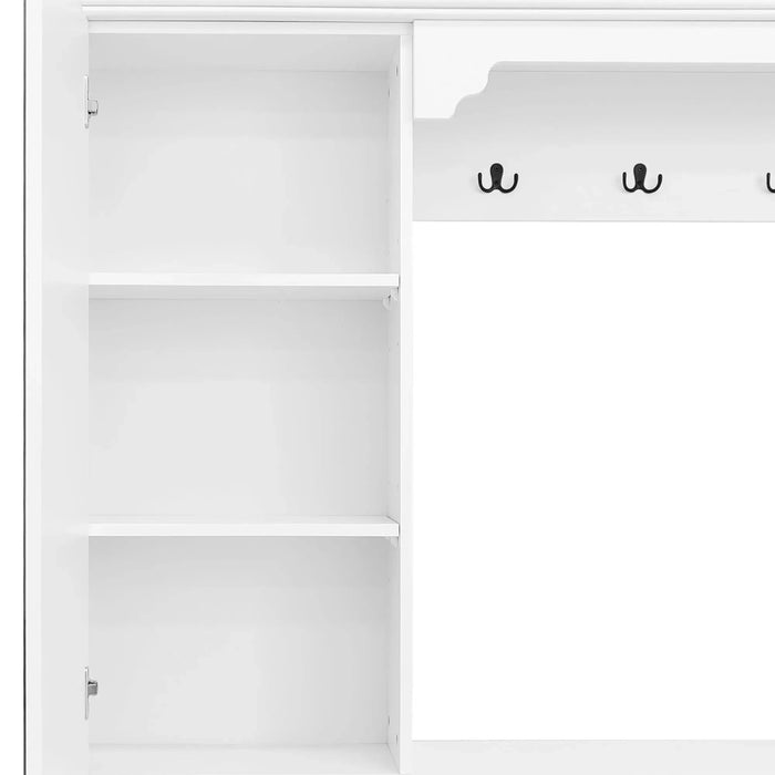 U-Can 54.7'' Hall Tree with Integrated Shoe Cabinet and Mirrored Cabinet Door, Coat Hanger, Entryway Bench, 4-in-1 Design, 2 Flip Drawers, 4 Hooks and 2 Cabinets for Entrance,Living Room Default -DTYStore