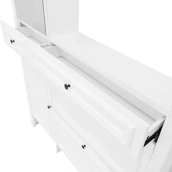 U-Can 54.7'' Hall Tree with Integrated Shoe Cabinet and Mirrored Cabinet Door, Coat Hanger, Entryway Bench, 4-in-1 Design, 2 Flip Drawers, 4 Hooks and 2 Cabinets for Entrance,Living Room Default -DTYStore