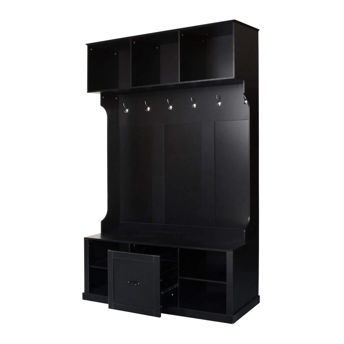 U-Can 57'' Hall Tree with 6 Hooks, Coat Hanger, Entryway Bench, 3-in-1 Design, A Spacious Drawer for Entrance,Living Room Default -DTYStore