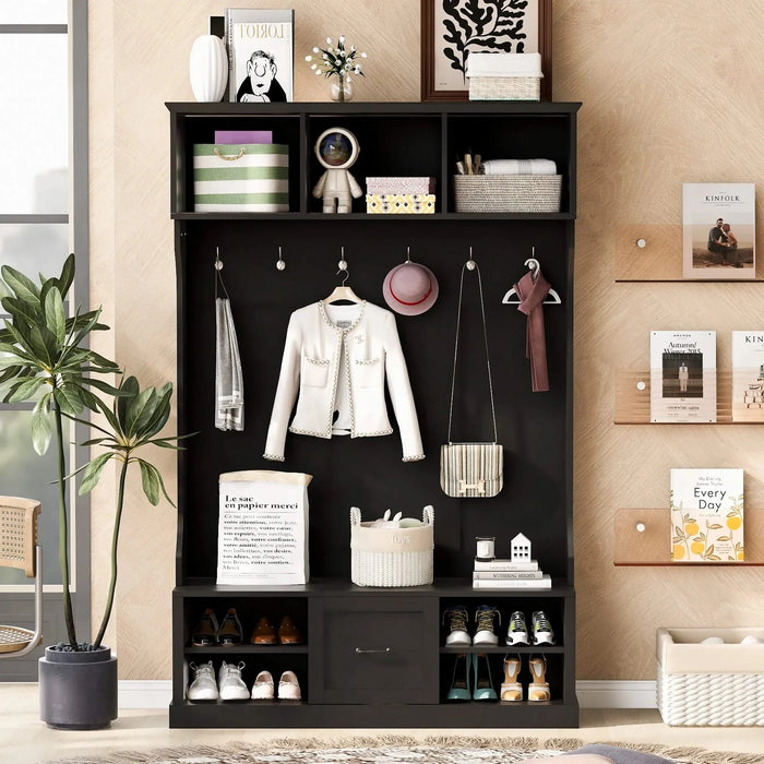 U-Can 57'' Hall Tree with 6 Hooks, Coat Hanger, Entryway Bench, 3-in-1 Design, A Spacious Drawer for Entrance,Living Room Default -DTYStore